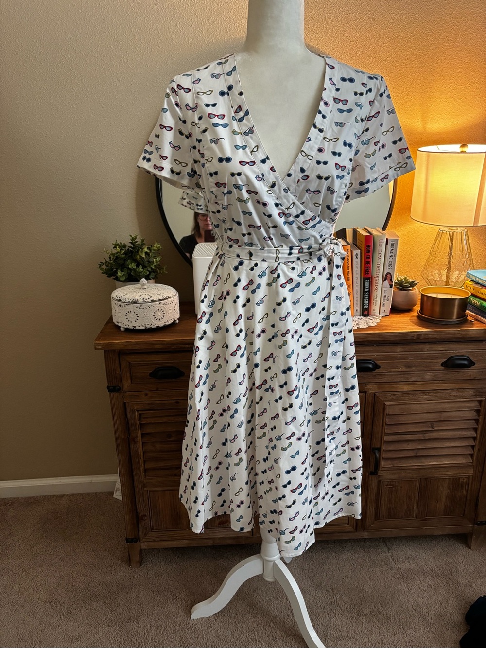 Boden White Wrap Dress with Multicolor Sunglasses Print